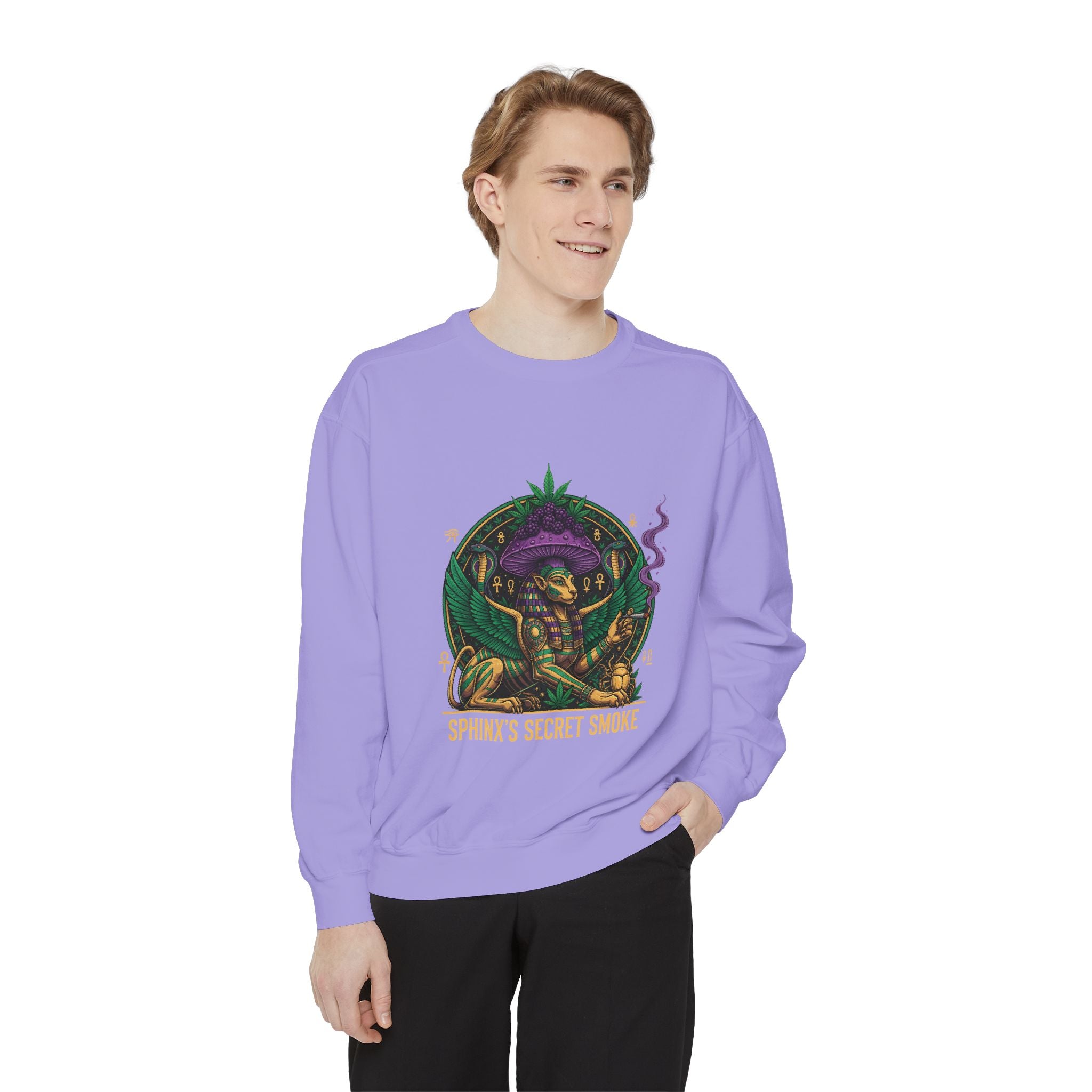 Sphinx's Secret Smoke Sweatshirt — Mystical Egyptian Sphinx Graphic Crewneck