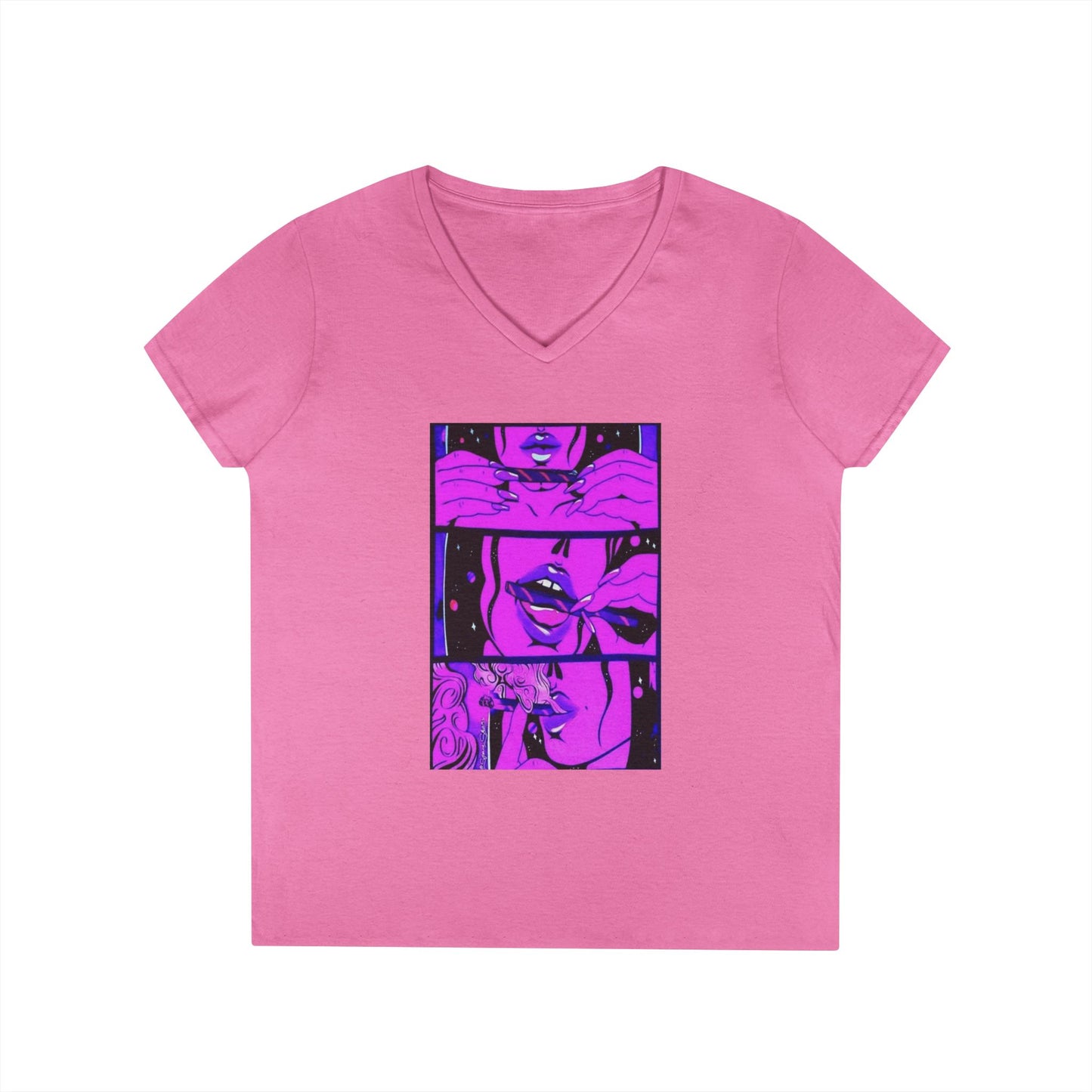 Vibrant Graphic Ladies' V-Neck T-Shirt - Trendy Art Design