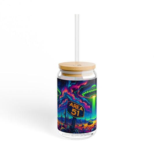 Area 51 Sipper Glass, 16oz - Fun Alien Drinkware for UFO Enthusiasts, Sci-Fi Parties, Gifts for Friends
