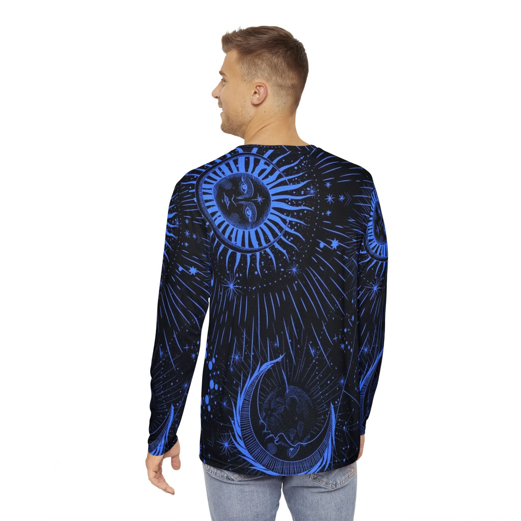 Celestial Cosmic Men's Long Sleeve Shirt - Blue Moon & Sun Design