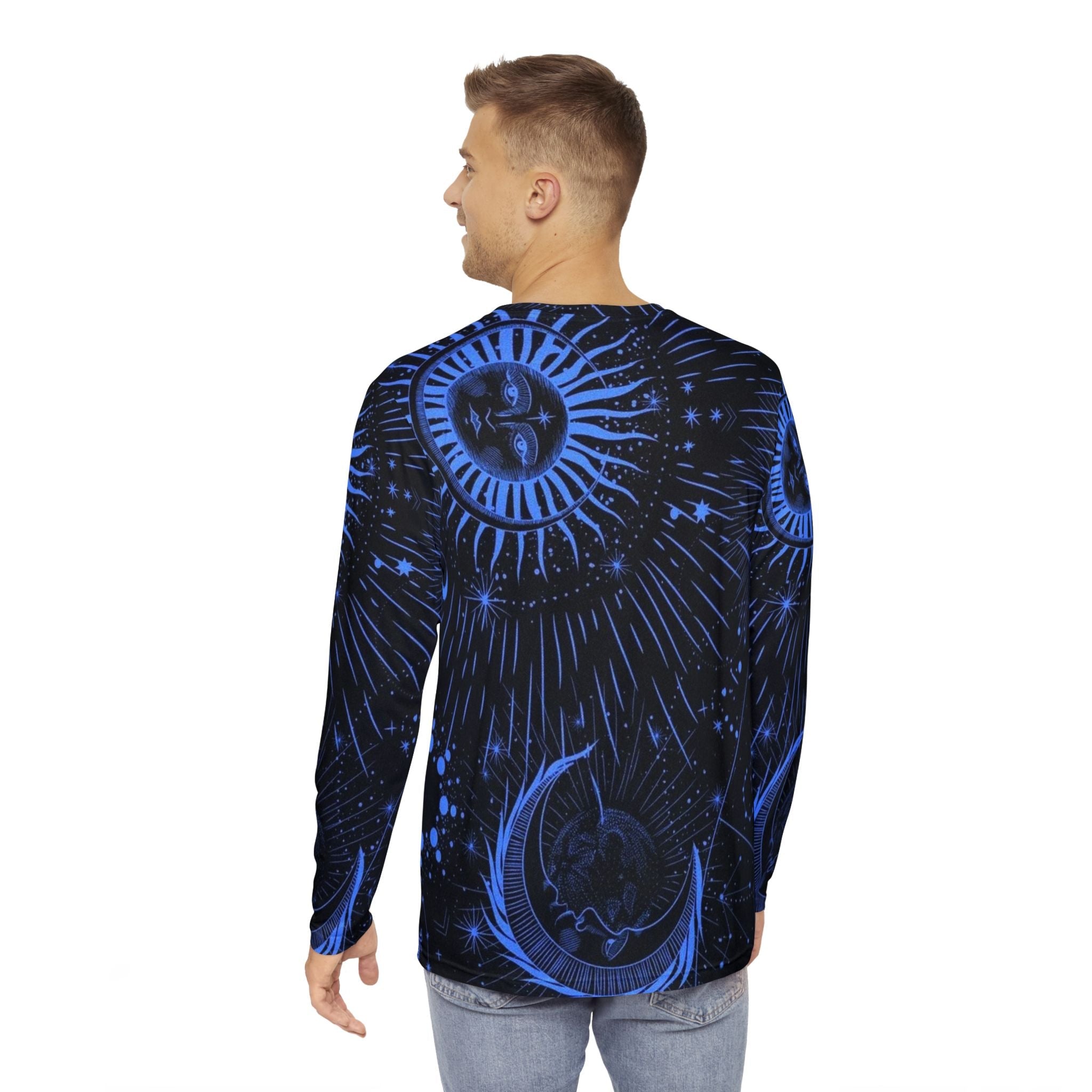 Celestial Cosmic Men's Long Sleeve Shirt - Blue Moon & Sun Design