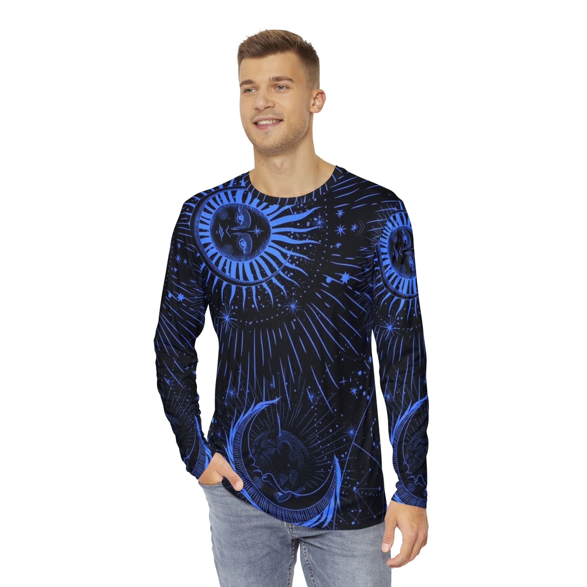 Celestial Cosmic Men's Long Sleeve Shirt - Blue Moon & Sun Design
