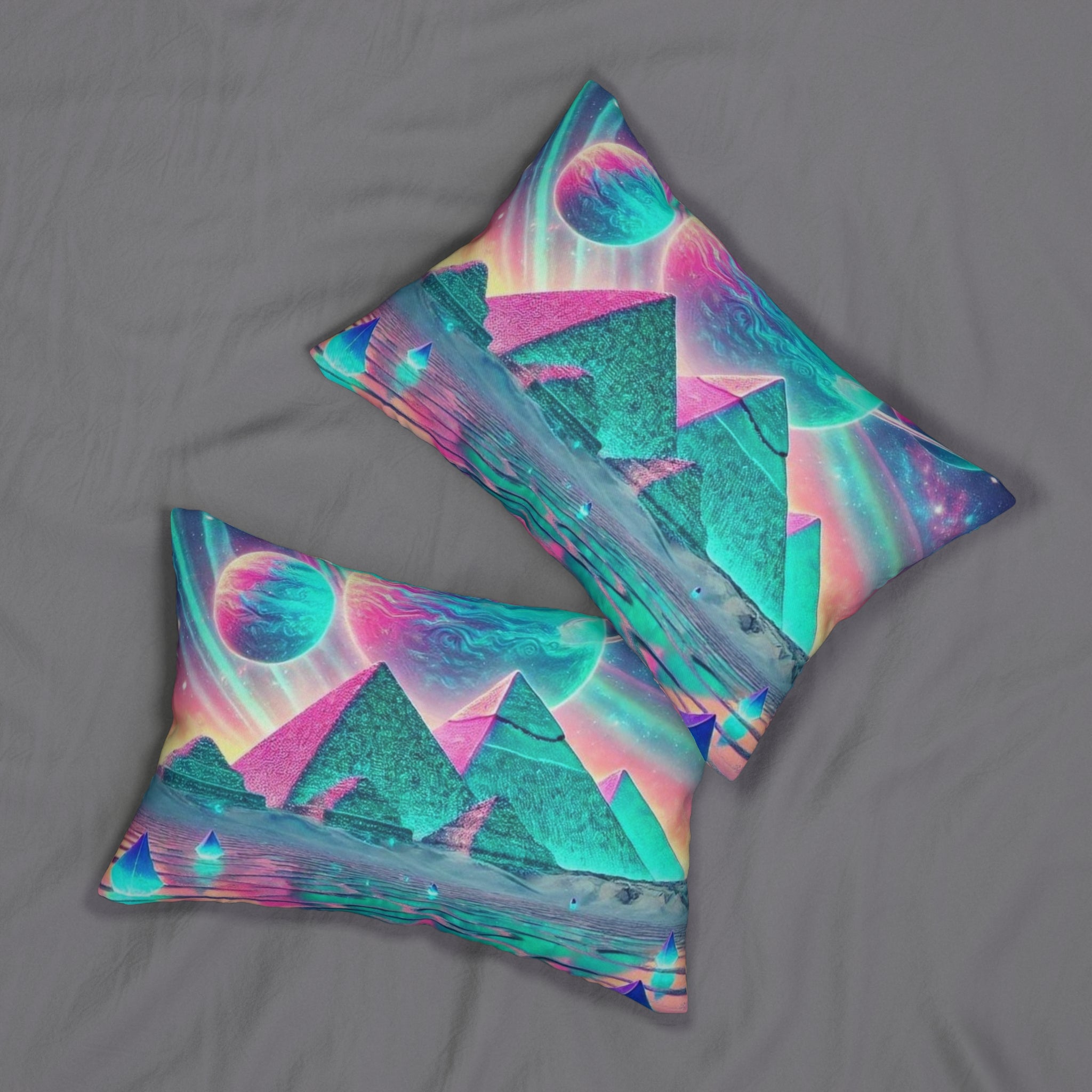 Cosmic Pyramid Lumbar Pillow, Boho Home Decor, Unique Throw Pillow, Gift for Space Lovers, Colorful Couch Cushion