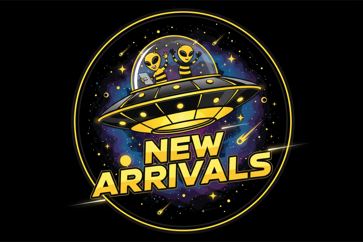 Make animated yellow black aliens  ufo new Arrivals logo 