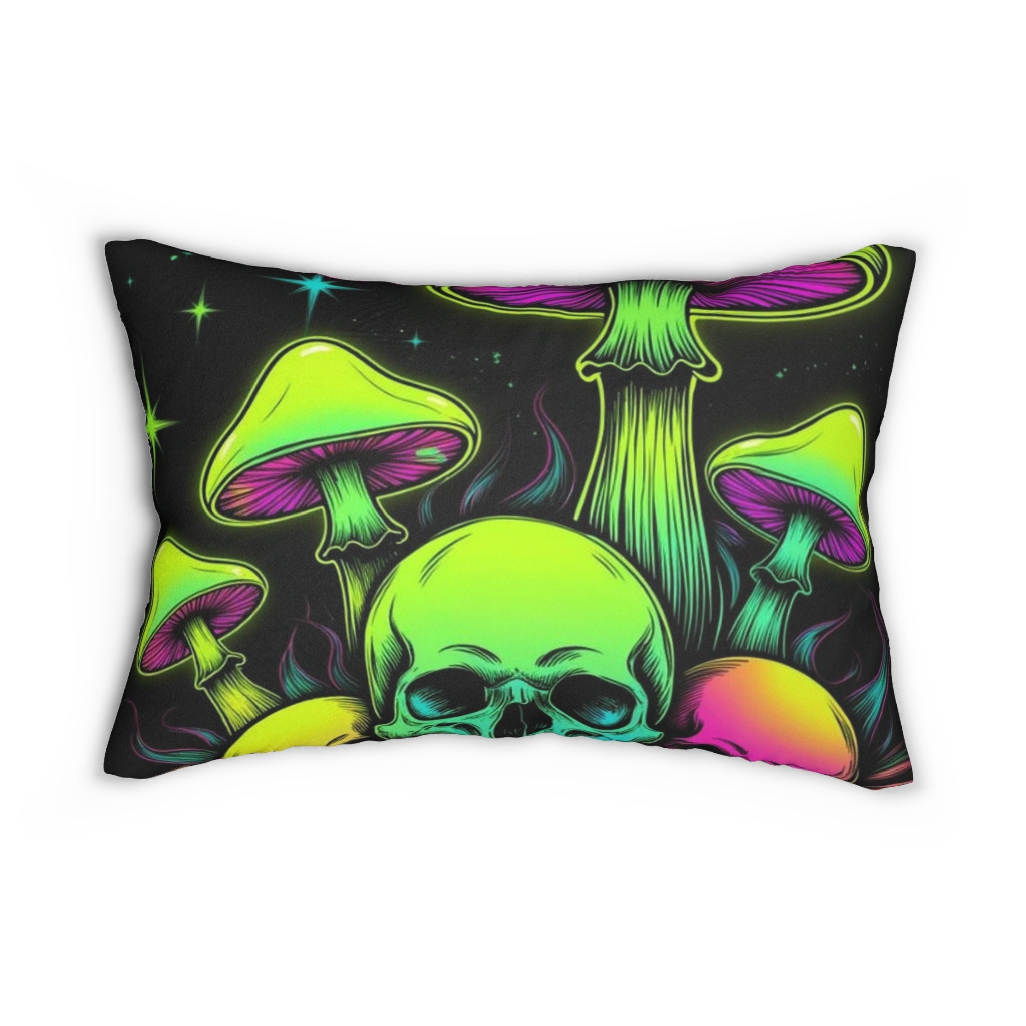 Psychedelic Mushroom Lumbar Pillow, Skull and Mushroom Decor, Boho Cushion, Unique Home Accent, Gift for Plant Lovers, Halloween Decor