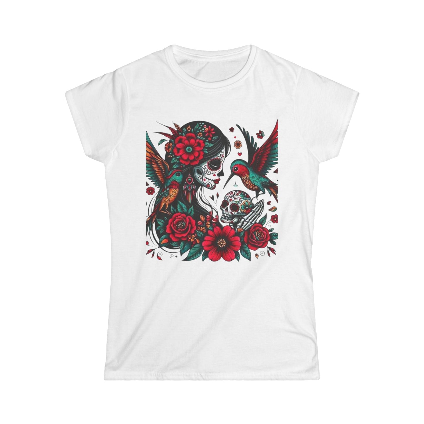 Vibrant Skull & Hummingbird Women's Softstyle Tee