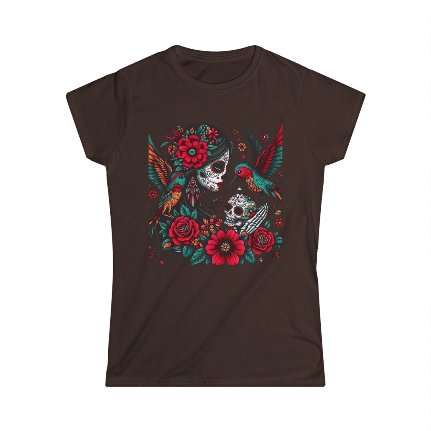 Vibrant Skull & Hummingbird Women's Softstyle Tee