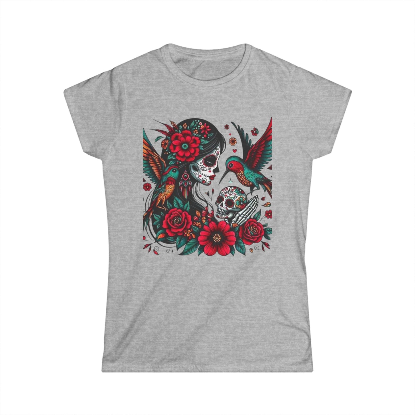 Vibrant Skull & Hummingbird Women's Softstyle Tee