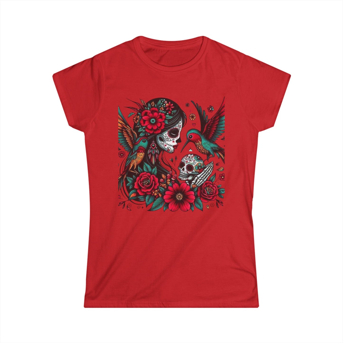 Vibrant Skull & Hummingbird Women's Softstyle Tee