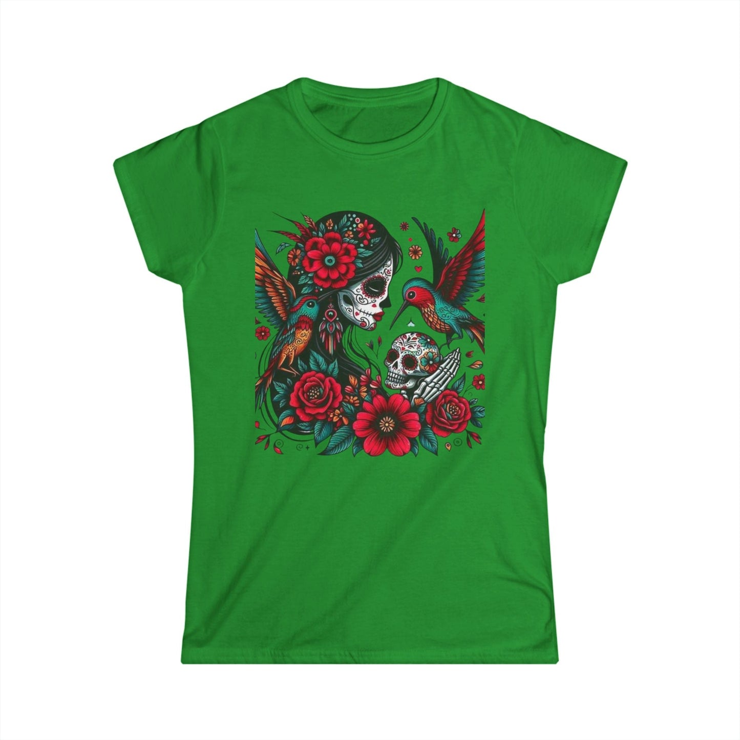 Vibrant Skull & Hummingbird Women's Softstyle Tee