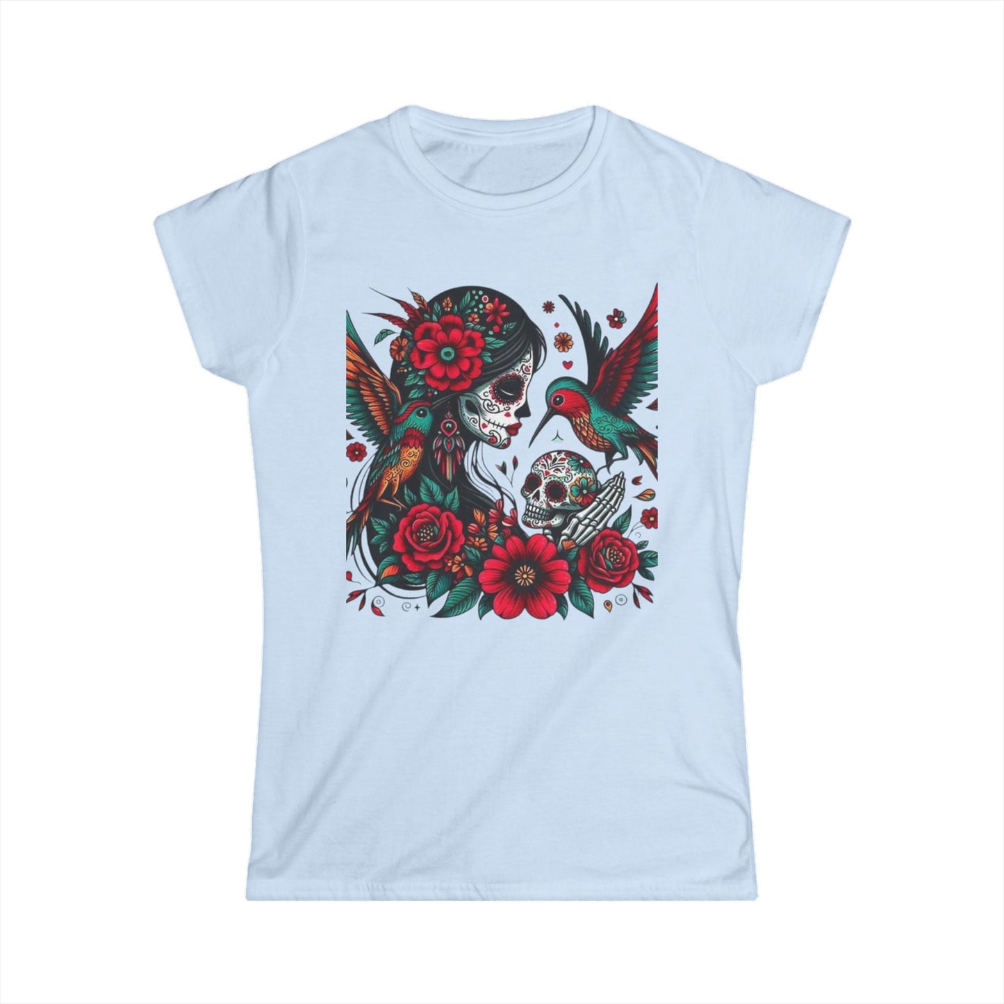 Vibrant Skull & Hummingbird Women's Softstyle Tee