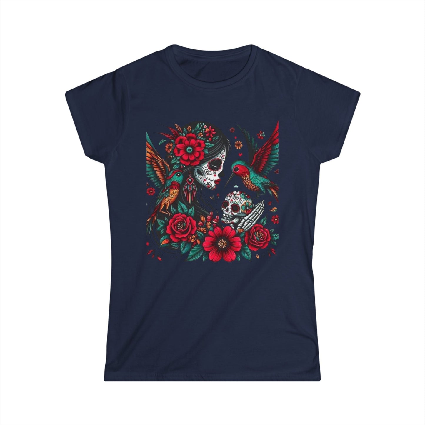 Vibrant Skull & Hummingbird Women's Softstyle Tee