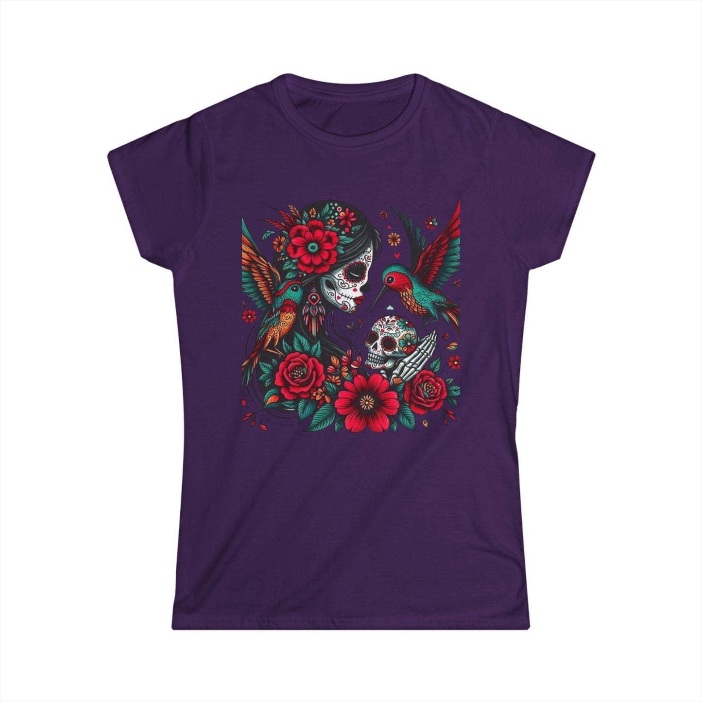 Vibrant Skull & Hummingbird Women's Softstyle Tee