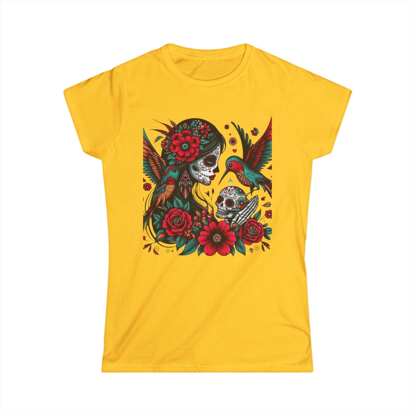 Vibrant Skull & Hummingbird Women's Softstyle Tee