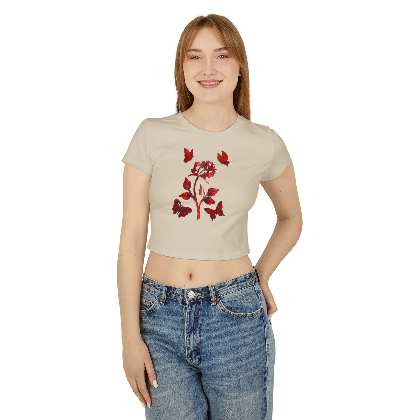 Women's Baby Tee with Floral Butterfly Design - Cute & Trendy Summer Top